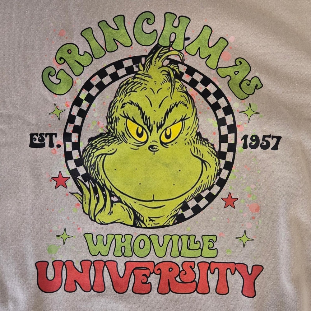 Grinchmas Whoville‎ University Crewneck Gildan Sweatshirt Beige Christmas Small - Picture 5 of 8